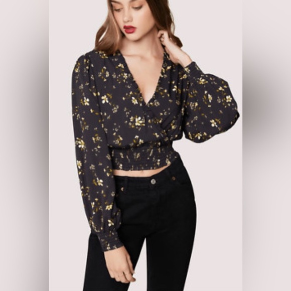 American Eagle Outfitters Tops - American Eagle Black Ditsy Floral Long Sleeve V Neck Smockec Crop Top Blouse MED